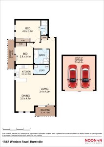 Apartment floor plan showing two bedrooms, open-plan living and dining, kitchen, bathrooms, balconies, and lock-up garage