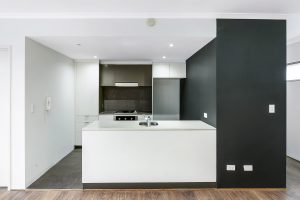 Modern open-plan kitchen with island bench, gas cooktop, integrated cabinetry, and contrasting feature wall at 5/1 Defries Avenue, Zetland NSW 2017