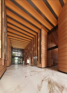 Grand residential lobby with double-height ceilings, feature lighting, and marble flooring at a1208/499 Botany Road, Zetland NSW