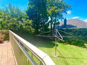 Sunny rear yard with lawn, Hills Hoist clothesline, and established trees at 98 Penshurst Street, Penshurst NSW 2222