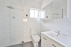 Modern bathroom with walk-in shower, vanity and toilet at 3A Vine St, Hurstville NSW 2220
