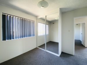 Bedroom with carpet flooring, mirrored built-in wardrobe, and window fitted with vertical blinds.