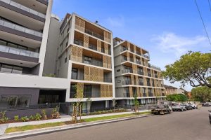 Modern apartment building exterior at b604/1 Ashton St, Rockdale NSW 2216 with patterned balcony screens and street frontage