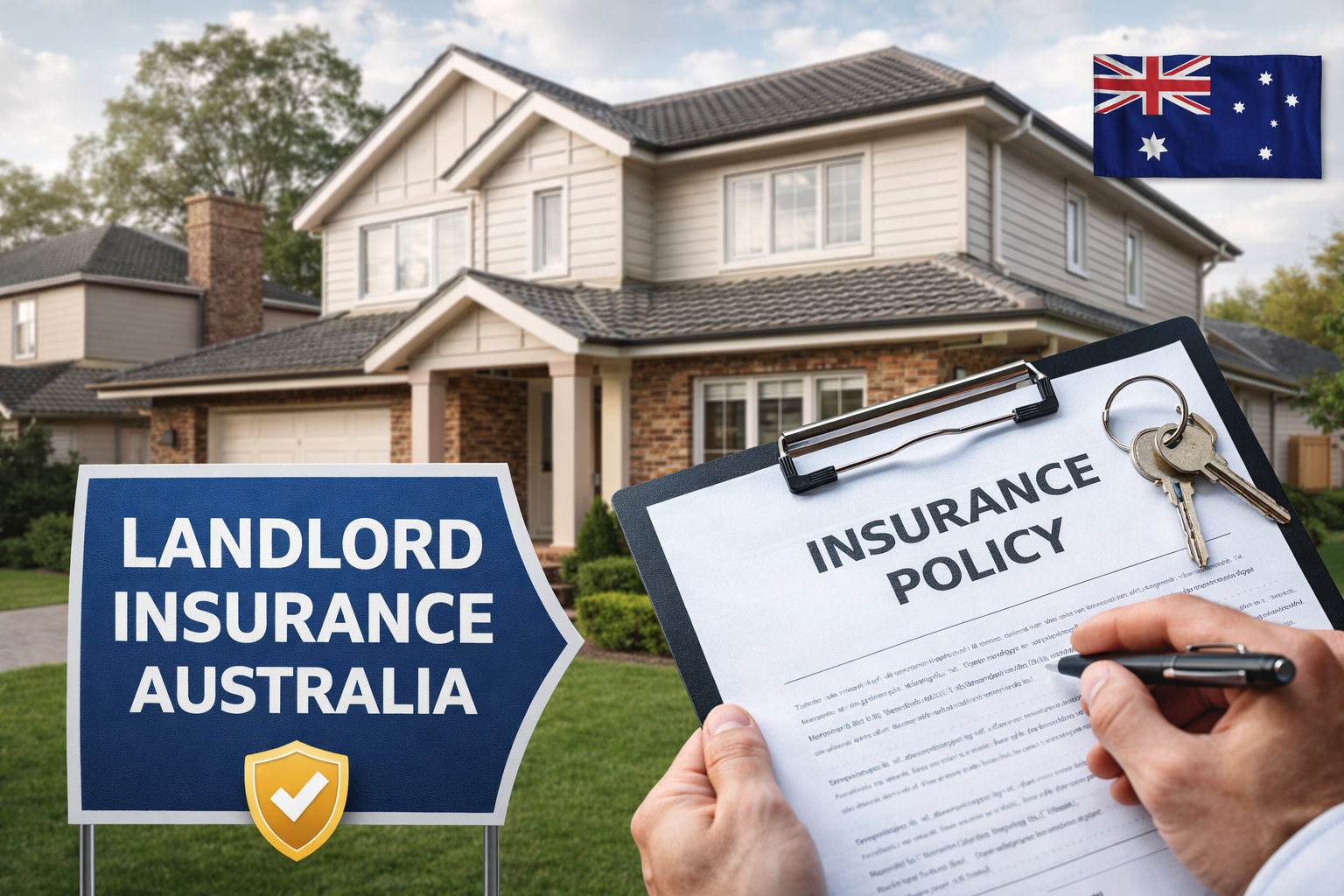 Australian rental property with landlord insurance policy and keys symbolising property and rental income protection